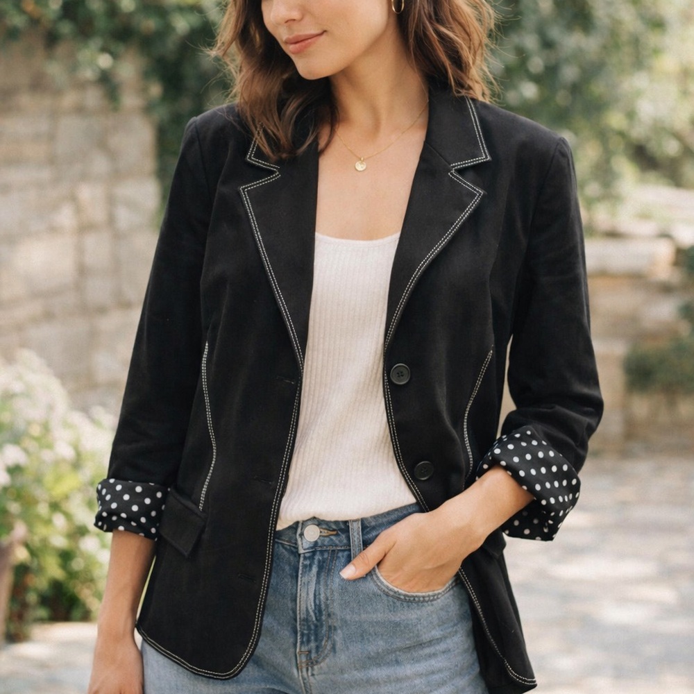 Josephine Chaus Black Contrast Stitch Blazer Polka Dot Lining Size 16 NWT
